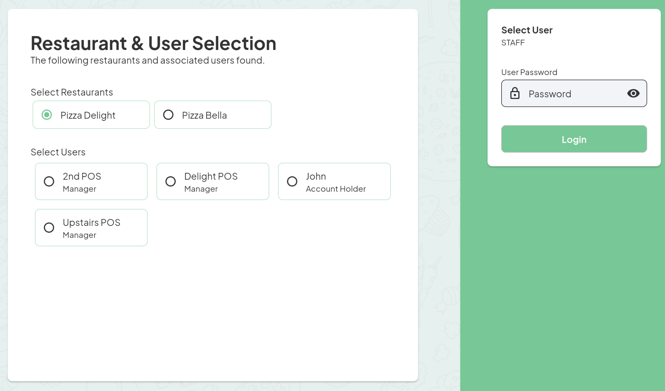 ace pos restaurant and user selection