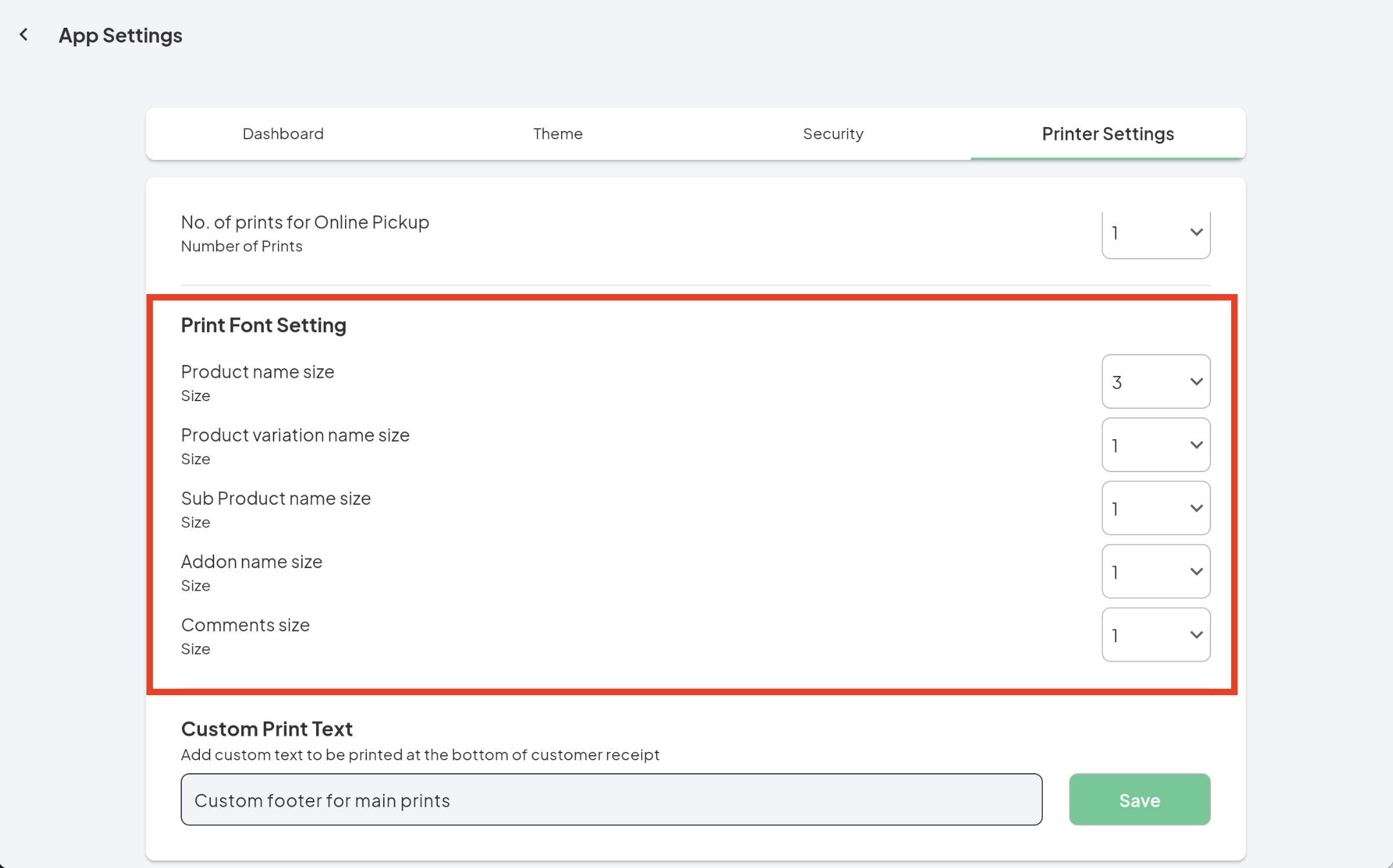 Print font setting POS software