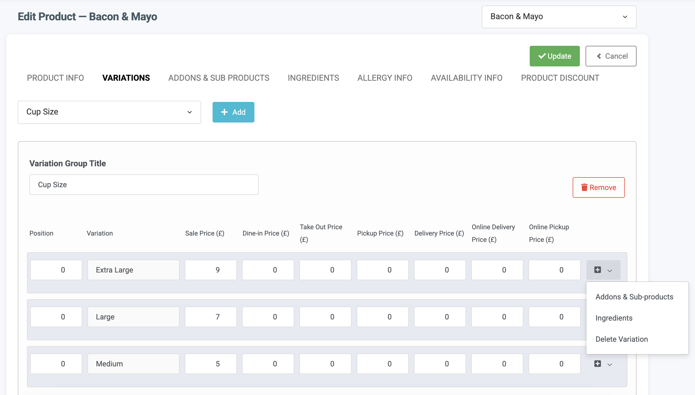 pos software link addon to variation