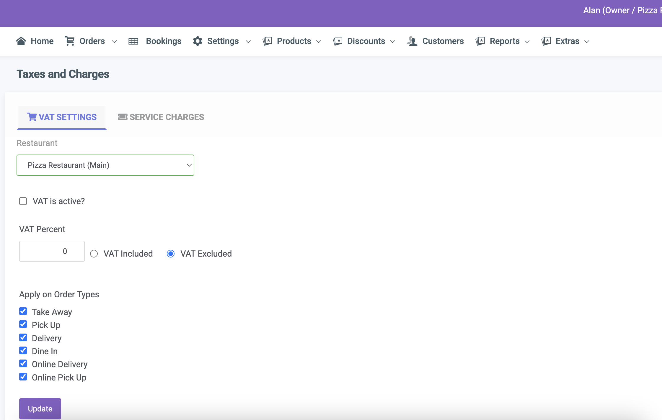 VAT setting back office